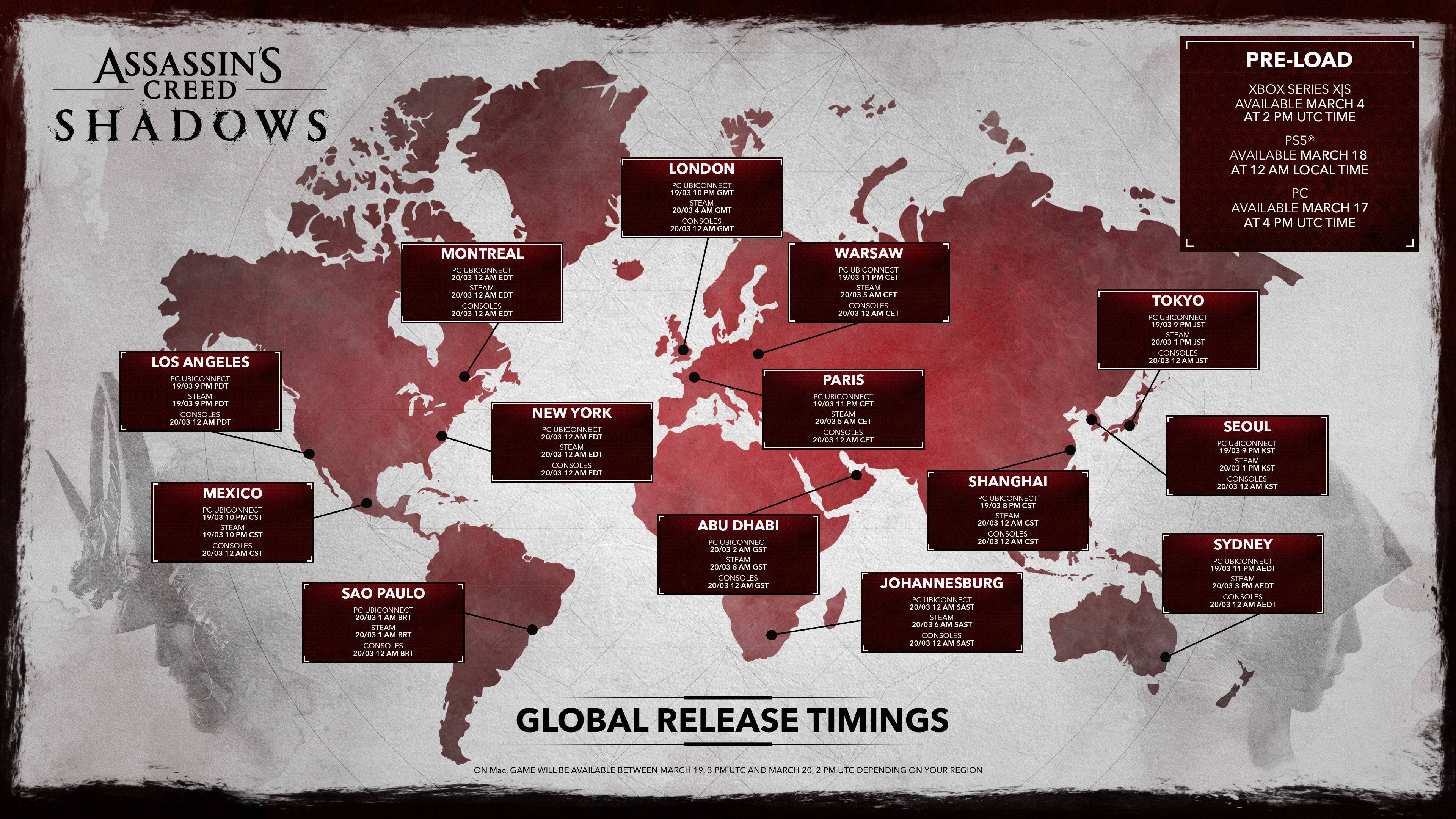 Assassin's Creed Shadows Global Release Times. Crédito de la imagen: Ubisoft.