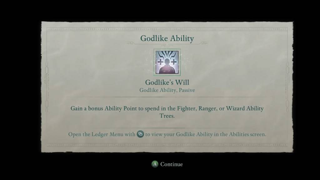 An image from Avowed showing the description for Godlike's Will.