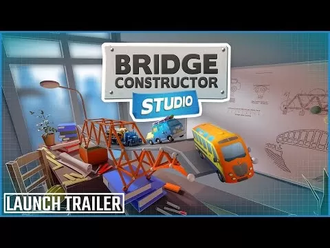 Bridge Constructor Studio gameplay showing vehicle crossing player-built bridge