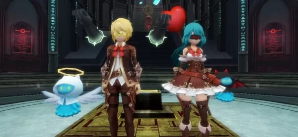 学校風の制服を着た2人の人物。それぞれが眼鏡のような、スタイリッシュな天使と悪魔をモチーフにしたアイマスクをしている。