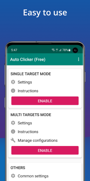 Auto Clicker - Automatic tap Mod</p>ทำให้การคลิกบนหน้าจออัตโนมัติอย่างง่ายดาย<h3></h3>
<p>Auto Clicker มอบโซลูชั่นที่สมบูรณ์แบบสำหรับผู้ใช้ที่ต้องการทำให้งานการคลิกหน้าจอซ้ำ ๆ เป็นแบบอัตโนมัติ ช่วยให้ผู้ใช้สามารถตั้งค่ากระบวนการคลิกอัตโนมัติโดยไม่จำเป็นต้องตรวจสอบอย่างต่อเนื่อง ทำให้คุณสามารถมุ่งเน้นไปที่งานอื่นในขณะที่งานคลิกทำงานในเบื้องหลัง ความเก่งกาจทำให้เหมาะสำหรับงานที่หลากหลาย <>
<strong></strong>อินเทอร์เฟซที่ใช้งานง่าย</p><p>
</p>Auto Clicker มีอินเทอร์เฟซที่เป็นมิตรและเข้าใจง่าย ประกอบด้วยโมดูลการทำงานหลักสามโมดูลและใช้งานง่าย ผู้ใช้สามารถควบคุมฟังก์ชันต่างๆ ได้อย่างรวดเร็ว โดยเฉพาะโหมดเป้าหมายเดียว ซึ่งทำให้ง่ายต่อการคลิกไปที่เป้าหมายที่ต้องการอย่างต่อเนื่อง <>
<p><strong>ระบบอัตโนมัติเป้าหมายเดียวหรือหลายเป้าหมาย</strong></p>
<p>ในโหมดเป้าหมายเดียว ผู้ใช้สามารถกำหนดค่าฟังก์ชันและวางวงกลมการคลิก (ซึ่งแสดงถึงตำแหน่งการคลิกอัตโนมัติ) ได้ตามต้องการ และปรับขนาดของวงกลมเพื่อให้เกิดการคลิกหลายเป้าหมาย นอกจากนี้ ผู้ใช้จำเป็นต้องกำหนดระยะเวลาการทำงานเพื่อให้มั่นใจถึงประสิทธิภาพสูงสุด <>
</p><p>การตั้งค่าคลิกง่ายๆ<strong></strong>
</p>การกำหนดค่าระยะเวลาการดำเนินการมีความสำคัญมาก ผู้ใช้สามารถเลือกการคลิกไม่จำกัด กำหนดเวลาการคลิก หรือกำหนดรอบเวลาได้ เวลาระหว่างการคลิกก็มีความสำคัญเช่นกัน โดยเฉพาะอย่างยิ่งในเกมทั่วไปที่ต้องมีการคลิกซ้ำๆ <>
<>
<p></p>ความเข้ากันได้ของแพลตฟอร์ม<p><strong>
</strong>Auto Clicker ใช้งานได้กับ Android 7.0 ขึ้นไปเท่านั้น นี่เป็นเพราะว่าฟังก์ชันการทำงานอาจถูกจำกัดในระบบรุ่นเก่า นอกจากนี้ การทำงานของอุปกรณ์ที่มีความเสถียรถือเป็นสิ่งสำคัญเพื่อให้แน่ใจว่าฟังก์ชันการคลิกมีความสม่ำเสมอ <>
</p><p>ไม่จำเป็นต้องมีการอนุญาต ROOT</p><p>
<img src=