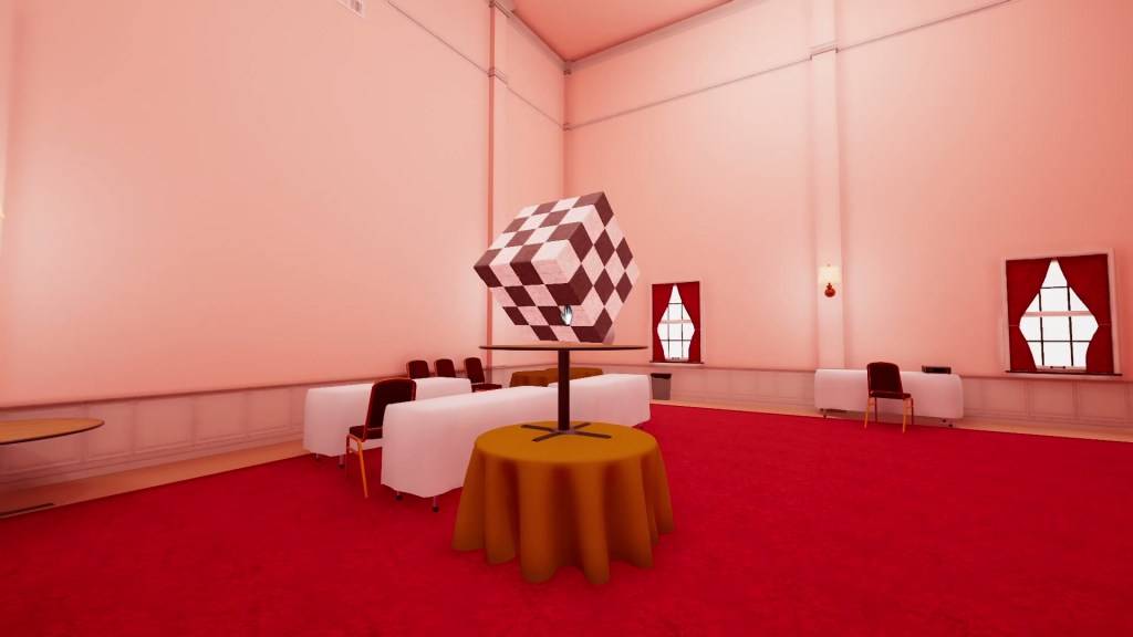 《Superliminal》中一个棋盘立方体放在桌子上面。