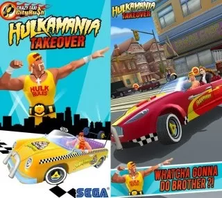 A two-part picture showing Hulk Hogan in his iconic pose while driving a taxi in Crazy Taxi: City Rush