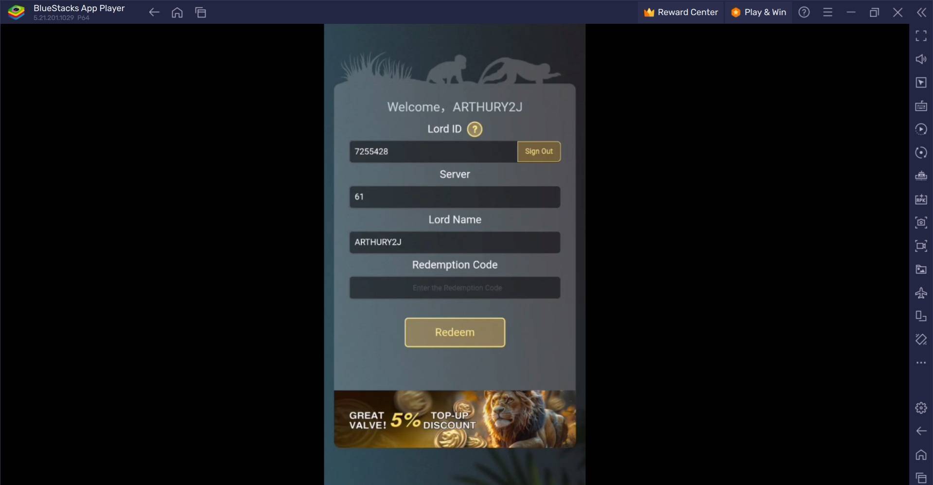 Redemption Code Interface in Beast Lord: The New Land