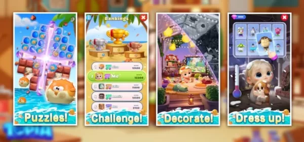 Kleurrijke puzzels en games ontworpen voor kinderen, met leuke personages, boeiende activiteiten, baby's en verschillende outfits