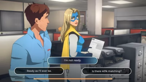 Robert Robertson and Blonde Blazer conversing, office