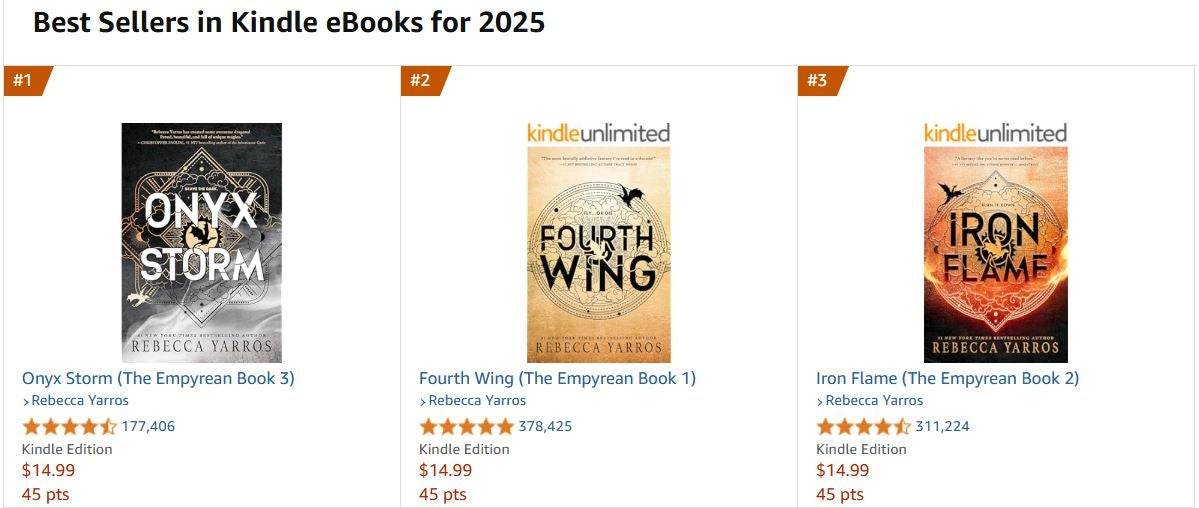 I libri della quarta ala stanno dominando la lista dei best seller Kindle di Amazon nel 2025 finora