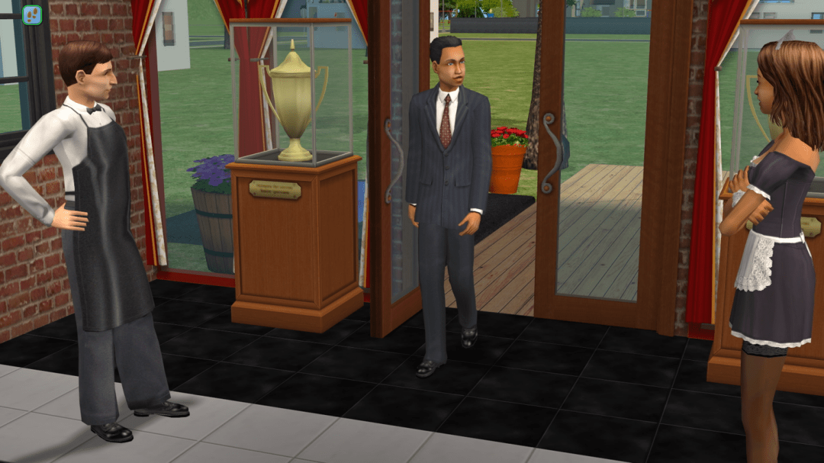 A character walking into a restaurant in The Sims 2