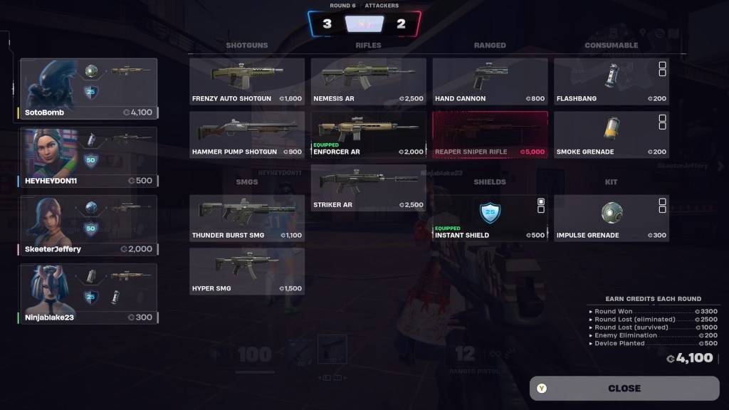 The buy screen in Fortnite Ballistic showing optimal item choices.