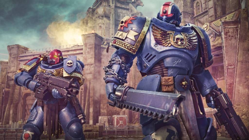 Two blue Space Marines stand next to each other